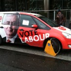 Labour is stopped, briefly, in its tracks as a campaign car is clamped outside its election HQ today. (Thanks to Caitriona Nic Gorain for the headline!)