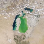 By 2000 the Northern and Southern Aral Sea had already separated. The NASA pictures show how they shrank even further between 2005 and 2009 because of severe drought, and then increased in the summer of 2010 after the drought breaks.