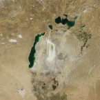By 2000 the Northern and Southern Aral Sea had already separated. The NASA pictures show how they shrank even further between 2005 and 2009 because of severe drought, and then increased in the summer of 2010 after the drought breaks.