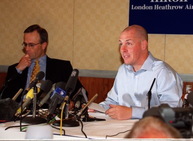 Nick Leeson speaking during a news conference at London's Heathrow airport, the day after was released from a Singapore jail.