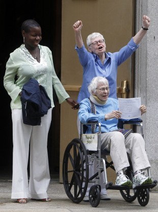 Phyllis Siegel and Connie Kopelov, the first same-sex couple to get married in New York, earlier this year.