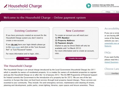 The homepage of the householdcharge.ie website