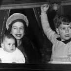 1964 brought Queen Elizabeth her fourth child, a third son: here she leaves Liverpool St train station with Prince Edward, nine months, and Prince Andrew. They were heading for Sandringham for their Christmas holiday. Prince Philip, by now the Duke of Edinburgh, had brought Prince Charles and Princess Anne on a skiing holiday. 