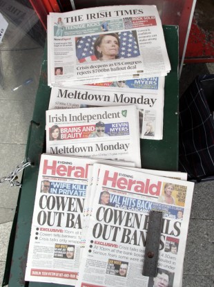 Newspapers from 30 September 2008, the morning of the bank guarantee and Wall Street meltdown