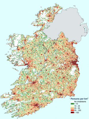 A graphic from the CSO shows the population density in various areas of Ireland.