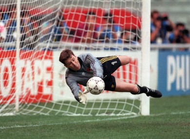 Packie Bonner saves a penalty against Romania at Italia '90.