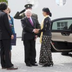 President Michael D Higgins and his wife Sabina say goodbye to Burmese pro democracy leader Aung San Suu Kyi and her son Kim Aris as they leaves Aras an Uachtarain this afternoon on her visit to Dublin. Photo: Laura Hutton/Photocall Ireland