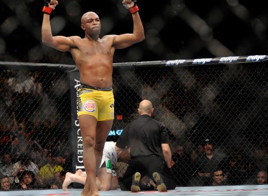 Anderson Silva celebrates after the referee stop the fight during his middleweight championship fight.