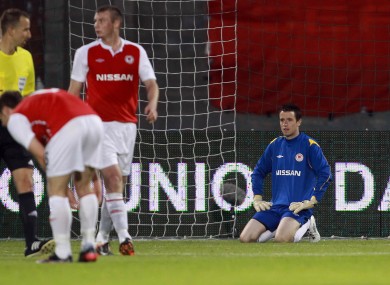 Pat's goalkeeper Brendan Clarke dejected after conceding the third goal.