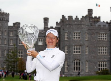 Caitriona Matthew lifts the Irish Open trophy.