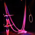 Ether uses silks, aerial hoop and pole in a playful and inventive mix. And we also stack people. Image: Daryl Feehely.