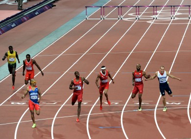 Dominican Republic's Felix Sanchez (third left) wins the men's 400 metres hurdles final.