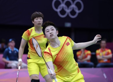 Yu Yang in the foreground in her last competitive badminton game on Tuesday evening in London.