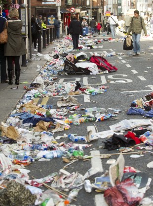 Litter is abandoned on Dame St during Barack Obama's visit in May 2011. Dublin's north inner city has been declared a litter blackspot in the latest IBAL report.
