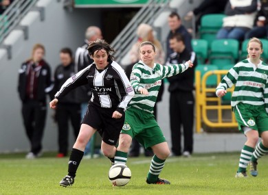 Shamrock Rovers' Lyndsey Hayden and Sandra Mulhall of Raheny collide when the sides met in January.