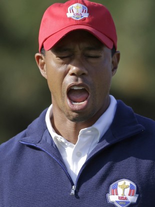 USA's Tiger Woods reacts after making a long birdie putt.