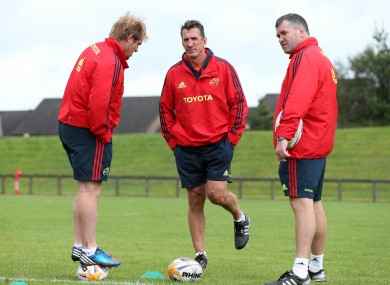 Three wise men: Backs coach Simon Mannix, head coach Rob Penney and forwards coach Anthony Foley at Munster training in University of Limerick this morning.