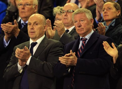 Ferguson with assistant Mike Phelan during the Hillsborough tribute at Goodison Park last night.
