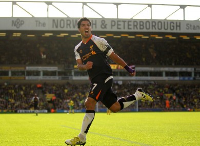 Suarez celebrates his second goal this afternoon.