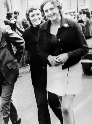 Dolours Price (left) and her sister Marian, at a civil rights demonstration outside Belfast in 1972.