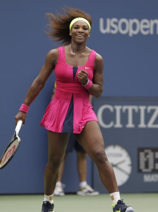 Serena Williams reacts after winning her match against Czech Republic's Andrea Hlavackova in the fourth round of play at the 2012 US Open tennis tournament.