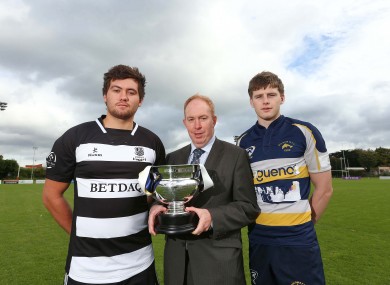 osh Eden-Waitiri (Old Belvedere), James McCarthy and Roy O'Herlihy (Dolphin) at the launch of the inaugural McCarthy-O'Reilly Trophy.
