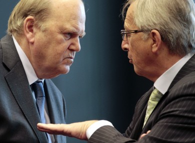 Michael Noonan talks with Luxembourg's Prime Minister and President of the Eurogroup Jean-Claude Juncker