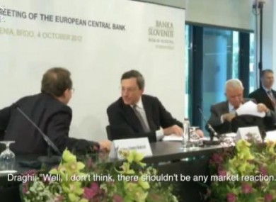 Still from on-mic post-conference chat between Constâncio, left, and Draghi.