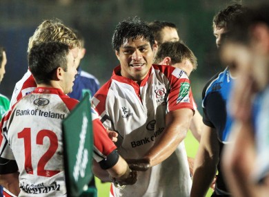 Ulster's Nick Williams and Paddy Wallace celebrate at the end of the Glasgow game.