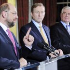(LtoR) President of the European Parliament, Martin Schulz, Taoiseach Enda Kenny and Tánaiste Eamon Gilmore pictured at Dublin Castle prior to a meeting to discuss the priorities of the Irish EU Presidency beginning in the new year. 
Photo: Laura Hutton/Photocall Ireland