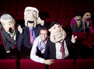 Paul Howard aka Ross O Carroll Kelly, poses with puppets: Bertie Ahern (left) Seanie Fitzpatrick (second on left) and Brian Cowen (third on right)
