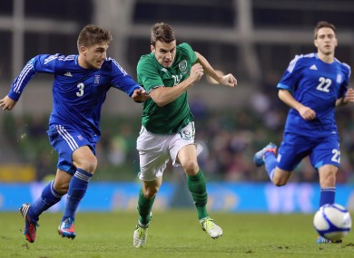Ireland's Seamus Coleman and Kostas Stafylidis of Greece