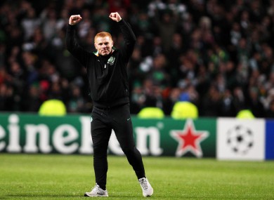 Celtic boss Neil Lennon celebrates defeating Barcelona.