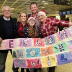 Philip Guildea is welcomed home for Christmas by his father Stephen, mother Roslyn and sisters Megan (15) and Ali (12) today at Dublin Airport. Philip has been working in Melbourne as a carpenter for two years. Photo: Mark Stedman/Photocall Ireland
