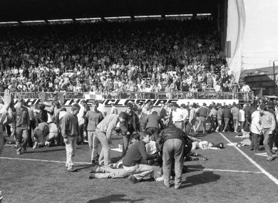 The scene at Hillsborough stadium in Sheffield on 15 April 1989.