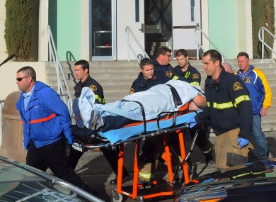 Paramedics transporting a student wounded during a shooting Thursday Jan. 10, 2013 at San Joaquin Valley high school