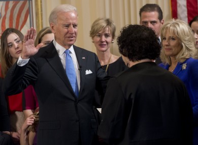 Joe Biden takes the oath of office during the 57th Presidential Inauguration official swearing-in ceremony at the Naval Observatory, administered by Supreme Court justice Sonia Sotomayor.