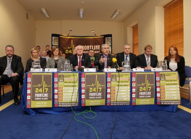 Frontline Alliance members: (LtoR) The GRA General Secretary PJ Stone, PNA Executive Aisling Colhane, President of Irish Nurses and Midwives Clare Mahon, Deputy General Secretary PNA Seamus Murphy, General Secretary INMO Liam Doran, General Secretary POA John Clinton, General Secretary AGSI John Remond and POA Executive Tracy Melia