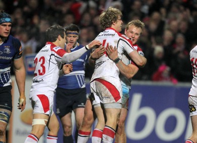 Andrew Trimble celebrates with Luke Marshall.