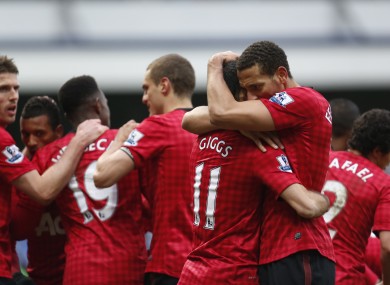 Rio Ferdinand embraces the evergreen Ryan Giggs after his goal.