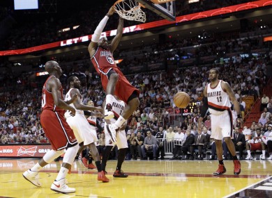 Miami Heat's LeBron James (6) against the Portland Trail Blazers during an NBA basketball game.